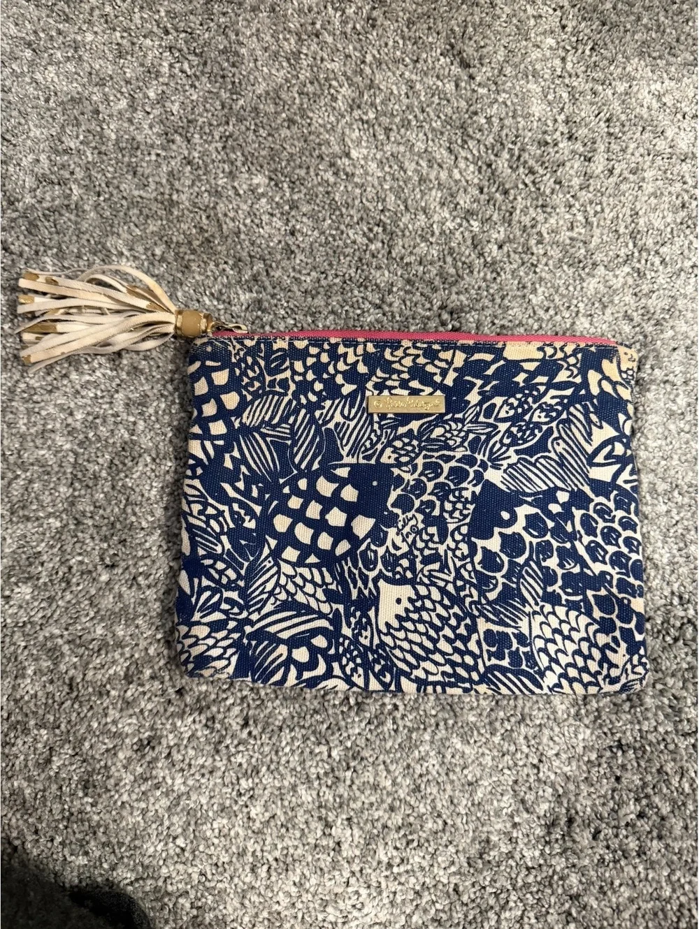 Lilly Pulitzer Blue and Beige Patterned Canvas Tassel Clutch
